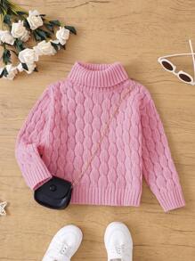 SHEIN Young Girl Turtleneck Cable Knit Sweater - Pink - View 1