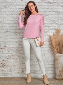 EMERY ROSE Solid Contrast Lace Tee - Pink - View 4