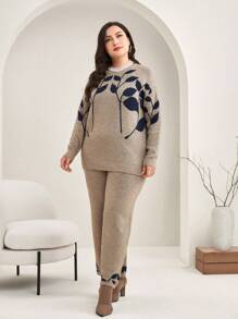 Mulvari Plus Plants Pattern Drop Shoulder Sweater & Knit Pants - Khaki - View 4