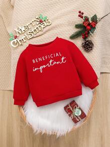 SHEIN 女嬰字母圖案加絨內裏運動衫 - 紅色 - 查看 1