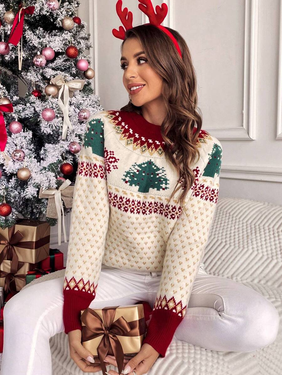 SHEIN Frenchy 圣诞图案插肩袖毛衣、秋冬长袖上衣 - 彩色 - 查看 1