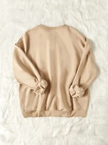 SHEIN LUNE 大碼花卉圖案和青蛙印花落肩袖運動衫 - 卡其色 - 查看 2