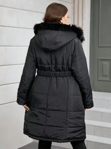 SHEIN Clasi Plus Fuzzy Trim Hooded Belted Padded Coat - Black - View 2