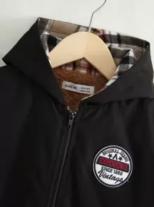 SHEIN 男小童格紋內襯字母圖案連帽加絨內裏外套 - 黑色 - 查看 3