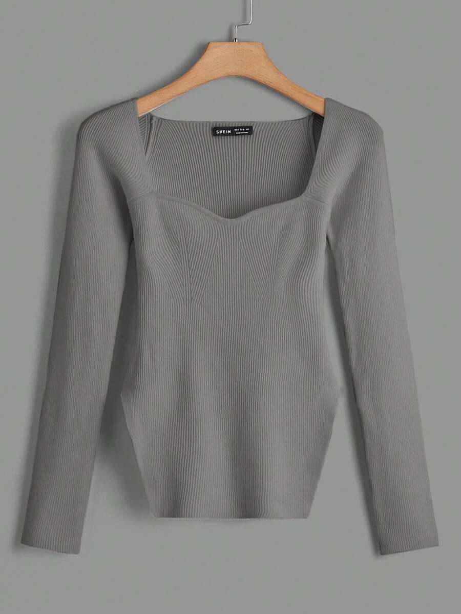 EURMUSE Sweetheart Neck Split Hem Ribbed Knit Sweater - Grey - View 1