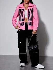 SHEIN PETITE Letter Graphic Drop Shoulder Zip Up Jacket - Pink - View 4