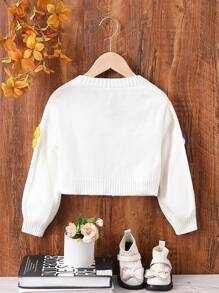 SHEIN 女小童花卉圖案補丁貼落肩袖開襟開衫 - 白色 - 查看 2