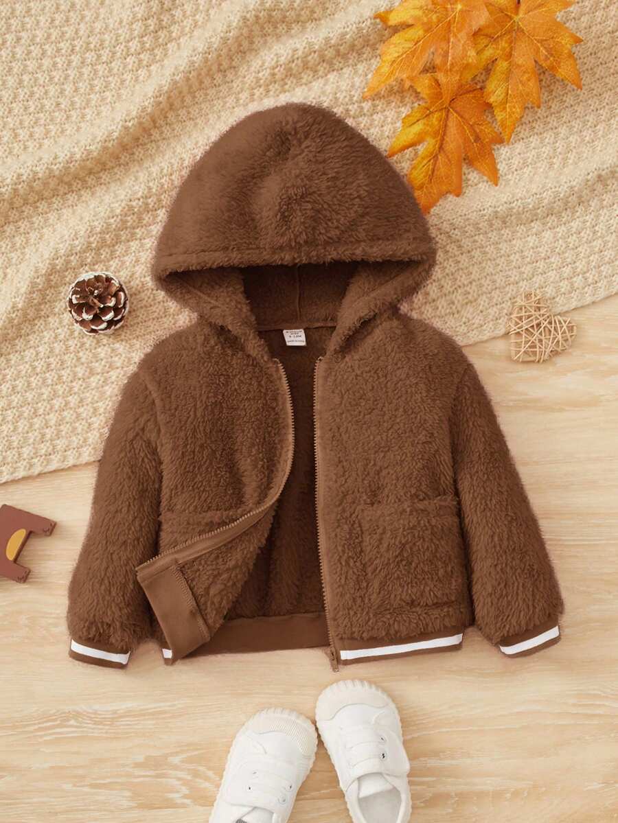 SHEIN 女嬰撞色滾邊連帽開門襟毛絨夾克 - 棕色 - 查看 1