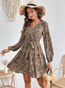 SHEIN VCAY 佩斯利印花燈籠袖荷葉邊繫腰帶洋裝 - 彩色 - 查看 3