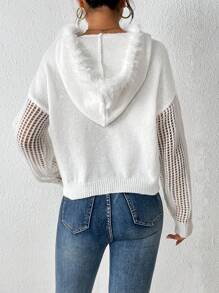 SHEIN LUNE Trang trí Fuzzy Thả vai Dây rút áo có mũ Dệt kim chấm bi Áo len - trắng - Xem 2