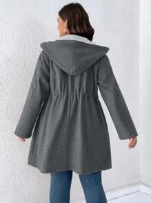 SHEIN LUNE Plus Drawstring Waist Dual Pocket Hooded Overcoat, For Winter - Dark Grey - View 2