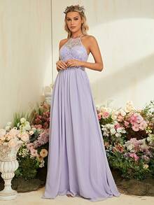 Vestido de dama de honor con lentejuela en contraste aplique de gasa - Lila Púrpura - Ver 3