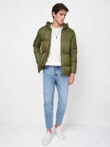 RueChic Men Drawstring Waist Hooded Puffer Coat - Green - View 3