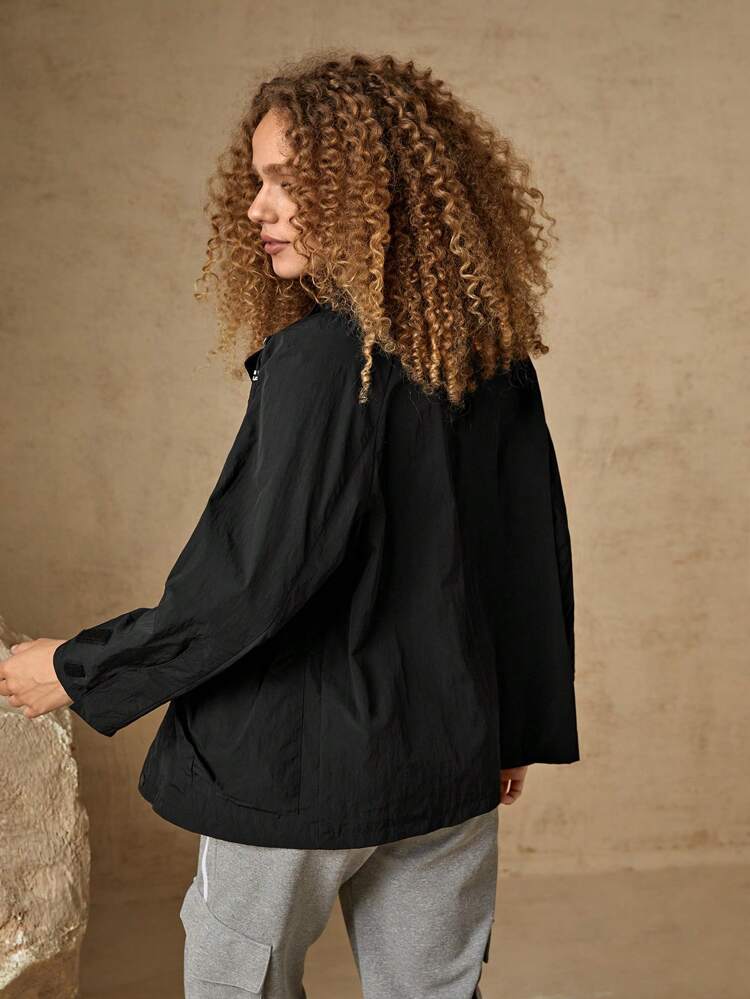 Letter Graphic Drawstring Waist Flap Pocket Outdoor Insulated Jacket