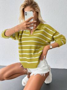 SHEIN Cottnline Striped Pattern Drop Shoulder Sweater - Yellow - View 5
