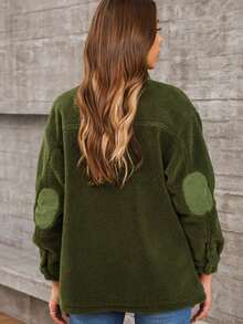 Acelitt 正面撞色拼接紐扣泰迪熊夾克 - 綠色 - 查看 2