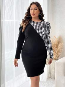 SHEIN Clasi Plus Size Houndstooth Pattern Bodycon Dress With Leg-Of-Mutton Sleeve - Black and White - View 3