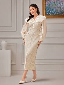 Modelyn 荷葉邊燈籠袖後背開衩粗花呢洋裝 - 杏色 - 查看 4