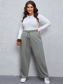 SHEIN LUNE Hơn Eo dây rút Túi nghiêng Quần - Xám - Xem 4