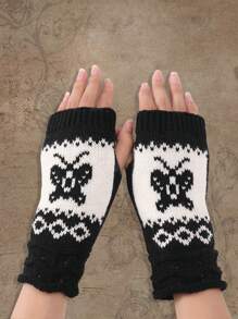 ROMWE Fairycore 1pair Women Butterfly Pattern Colorblock Fingerless Gloves