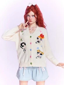 The Powerpuff Girls | ROMWE 卡通圖案落肩袖前紐扣開襟衫 - 杏色 - 查看 2