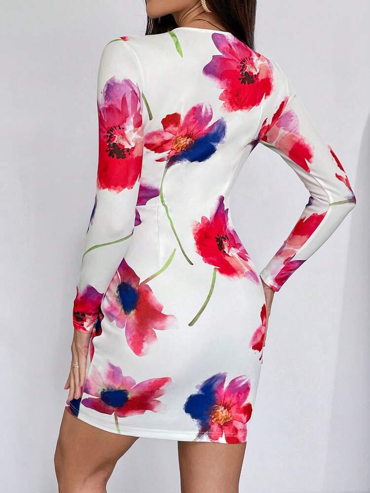 Floral Print Binding Detail Bodycon Dress