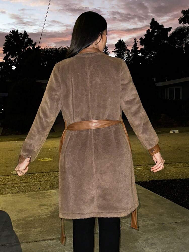 Lapel Neck Belted Flannelette Coat Fall Cloth For Women