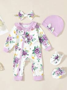 4件套寶寶連體哈衣長袖長褲配帶帽子和襪子,適用於秋冬季節