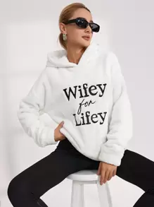 RueChic Letter Embroidery Drop Shoulder Hoodie - White - View 4