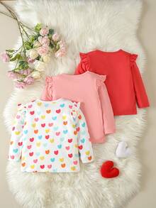 Baby Girl 3pcs Solid & Heart Print Ruffle Trim Tee Chic Outfits For Autumn/Winter - Beige - View 2