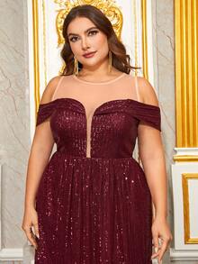 YISIKADO Plus Off Shoulder Mesh Insert Sequin Formal Dress - Burgundy - View 7