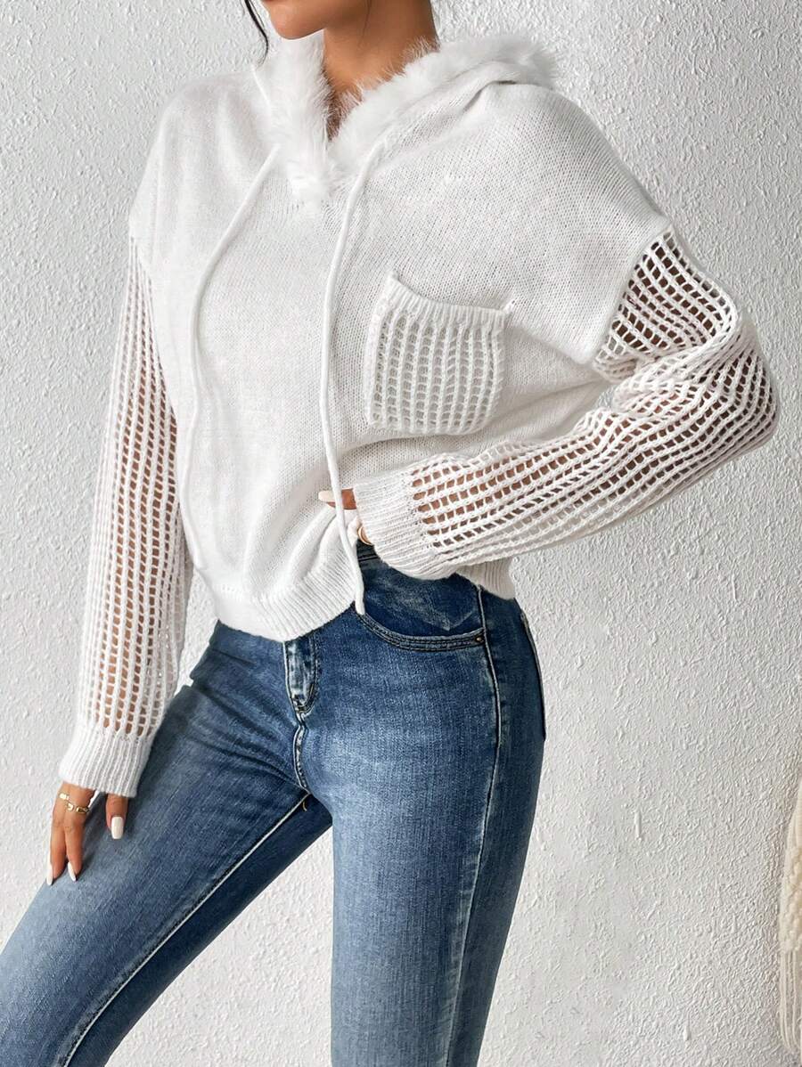 SHEIN LUNE Trang trí Fuzzy Thả vai Dây rút áo có mũ Dệt kim chấm bi Áo len - trắng - Xem 1