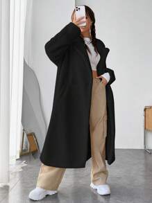 SHEIN EZwear Lapel Neck Drop Shoulder Open Front Teddy Coat - Black - View 3