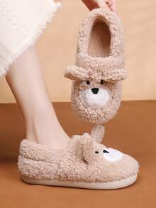 Embroidered Detail Bear Design Fuzzy Novelty Slippers - Khaki - View 2