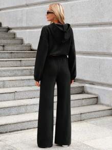 EURMUSE Letter Graphic Drop Shoulder Hoodie & Sweatpants - Black - View 2