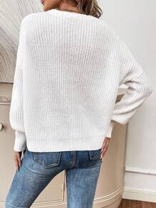 SHEIN LUNE Notched Neck Drop Shoulder Ribbed Knit Pullover Fall Winter Sweater - White - View 2