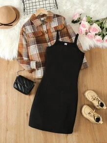 SHEIN Tween Girl Plaid Print Flap Detail Jacket & Dress