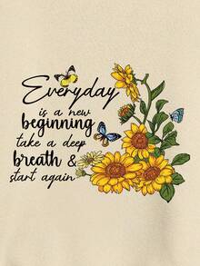 SHEIN EZwear 花和標語圖案落肩袖運動衫 - 米色 - 查看 5