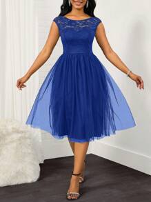 SHEIN Lady Contrast Lace Mesh Overlay Dress, Semi Formal Dress - Royal Blue - View 5
