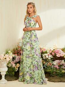 Floral Print Ruffle Trim Belted Maxi Chiffon Bridesmaid Dress - Green - View 1