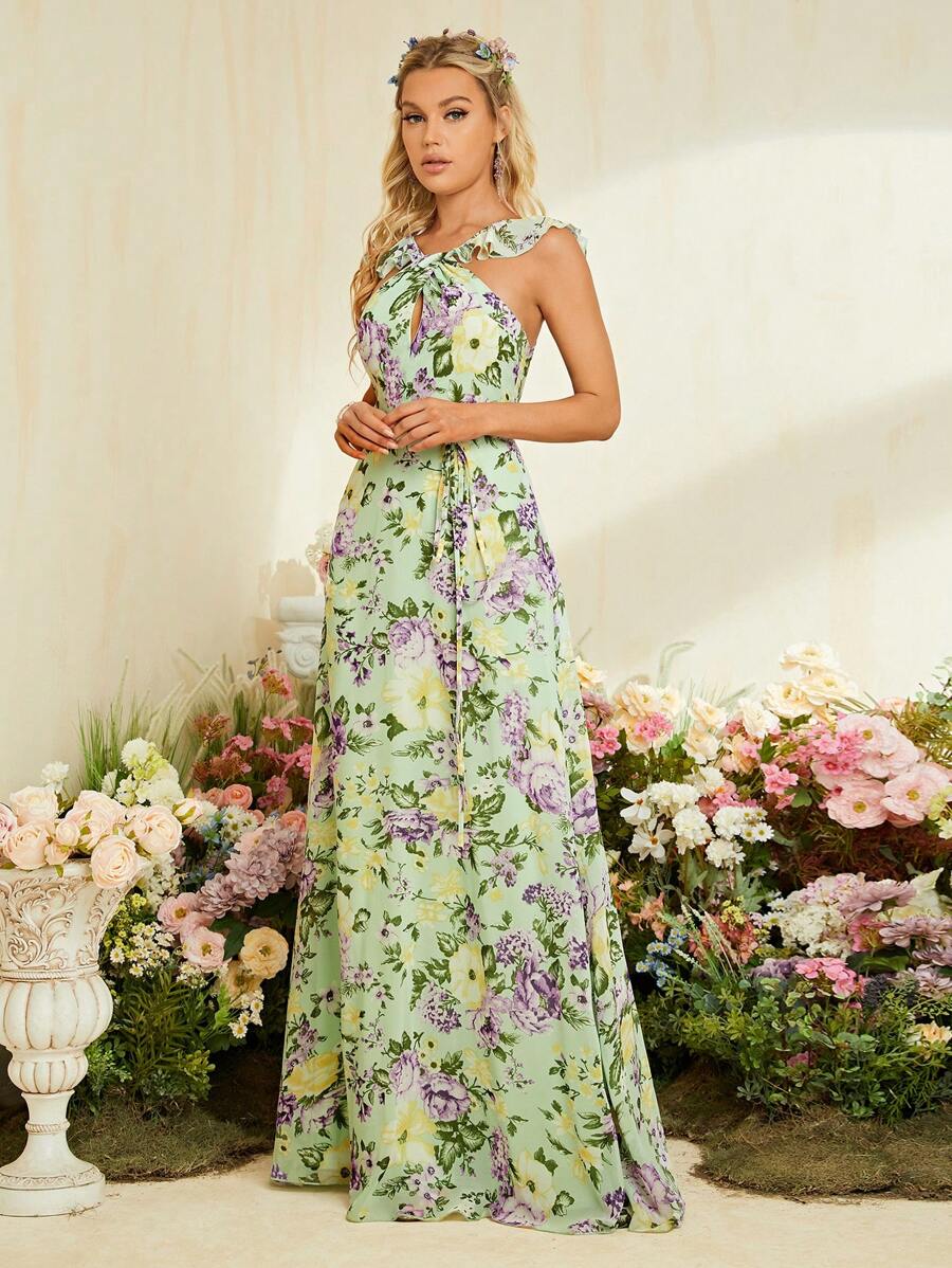 Floral Print Ruffle Trim Belted Maxi Chiffon Bridesmaid Dress - Green - View 1