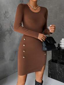 SHEIN Privé 紐扣細節下擺開叉緊身毛衣洋裝 - 棕色 - 查看 6