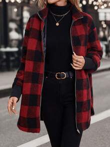 SHEIN Clasi Họa tiết kẻ sọc trâu Thả vai Áo khoác Teddy - Nhiều màu - Xem 5