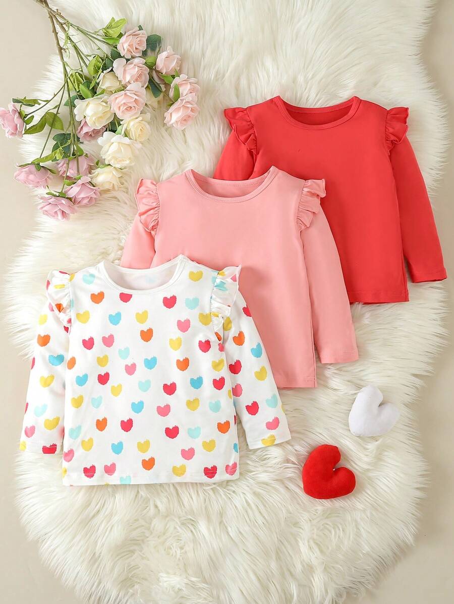 Baby Girl 3pcs Solid & Heart Print Ruffle Trim Tee Chic Outfits For Autumn/Winter - Beige - View 1