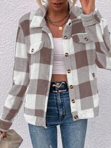 SHEIN LUNE Họa tiết kẻ sọc trâu Thả vai Flannel Áo khoác - Màu Khaki - Xem 5