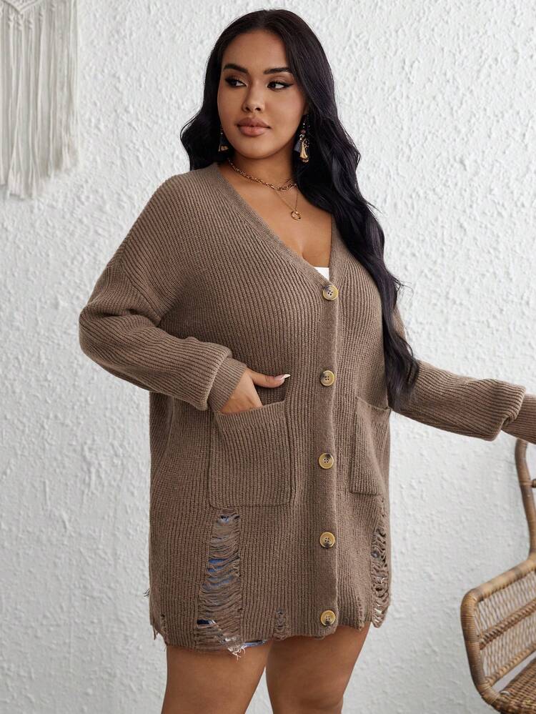 Plus Dual Pocket Distressed Drop Shoulder Cardigan