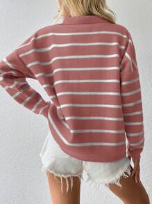 Cloudara Striped Pattern Drop Shoulder Sweater - Pink - View 2