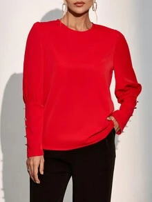 SHEIN Clasi Nút Quay lại Tay áo Áo sơ mi - Đỏ - Xem 5