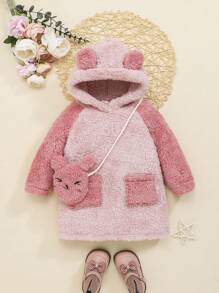 SHEIN 女嬰3D耳朵設計插肩袖連帽絨毛洋裝附包 - 粉色 - 查看 1