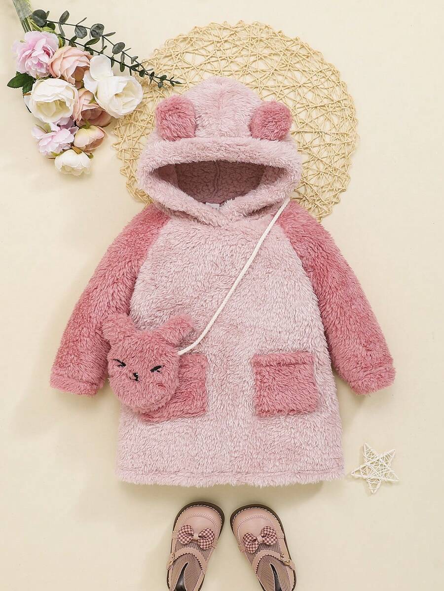 SHEIN 女嬰3D耳朵設計插肩袖連帽絨毛洋裝附包 - 粉色 - 查看 1